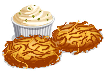 Latkes Potato Pancakes with Sour Cream Container - Hanukkah Savory Fried Food Snacks Illustration