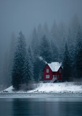 Farmhouse in the woods during winter, surrounded by snow-covered trees