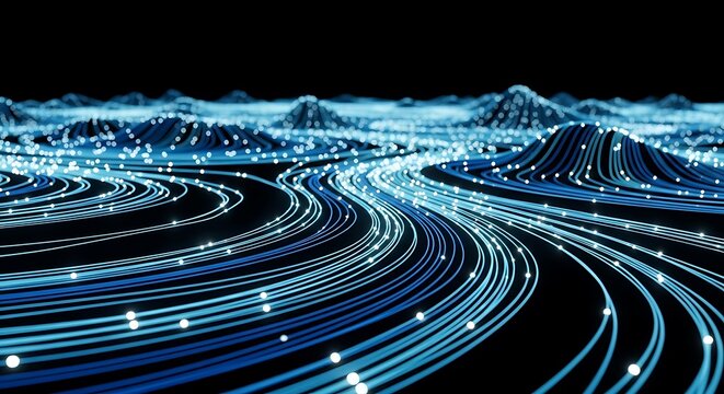 Abstract digital landscape depicting flowing rivers of glowing blue data streams and information. - Powered by Adobe
