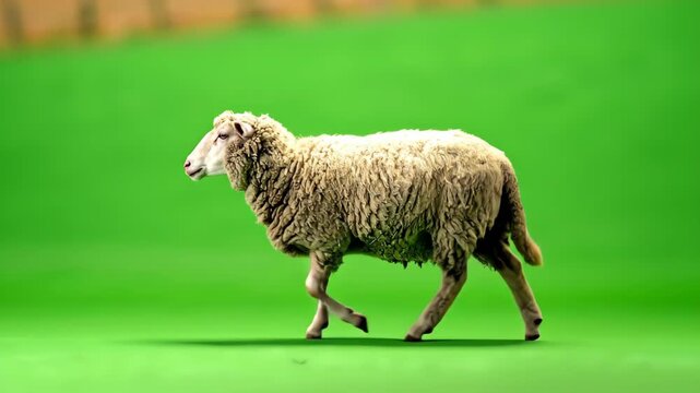 Fluffy White Domestic Sheep Walking Across A Green Screen Background.
