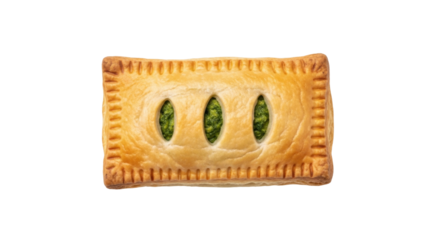Isolated savory puff pastry with spinach filling, golden flaky dough, snack food item