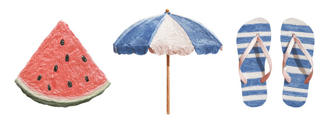 Colorful Summer Objects: Watermelon, Beach Umbrella, and Flip Flops Illustration