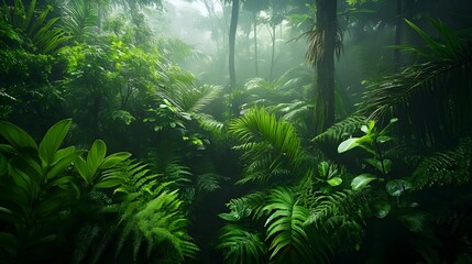 Sunlight streaming through misty trees in a green, atmospheric forest.