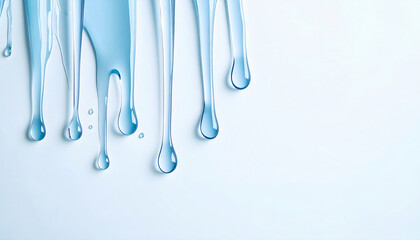 Clear Blue Liquid Flow　Macro Studio Shot of Transparent Gel Dripping Down a Clean White Wall, Beauty, Hydration, and Skincare Background