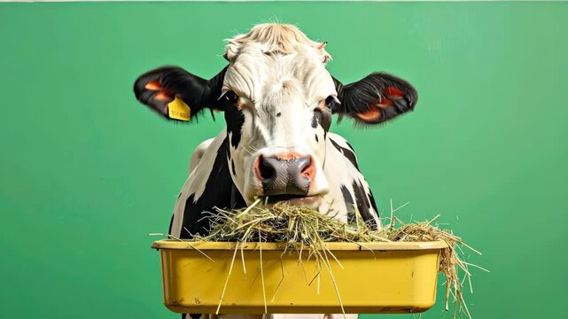 Holstein Friesian Cow Eating Hay from a Yellow Trough on Green Screen.