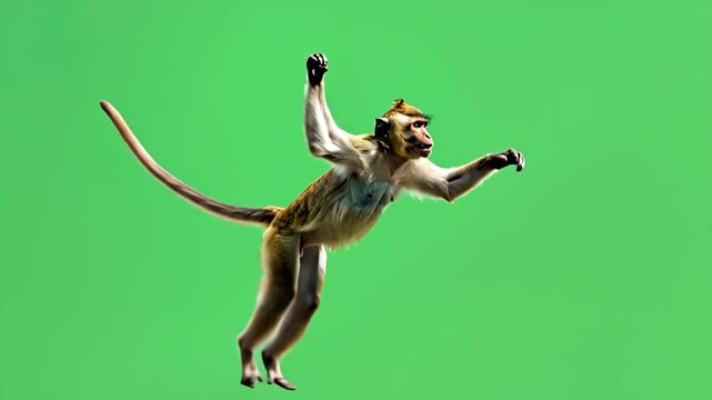 Agile Macaque Monkey Jumping in Mid Air on Green Screen.