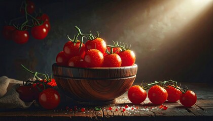 Bowl of Fresh Ripe Red Tomatoes glistening with Water Droplets on a Rustic Wooden Table Illuminated by Dramatic Sunlight Rays