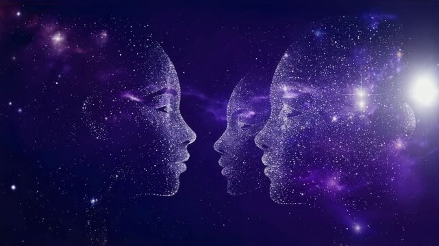 Cosmic faces silhouetted against a universe of stars and nebula displaying a sense of connection and awe