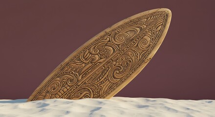 golden surfboard standing in sand