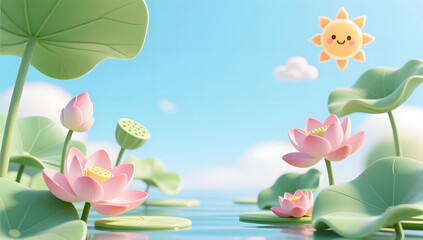 Fototapeta premium Summer lotus lotus leaf cartoon small fresh national wind minor summer solar term illustration