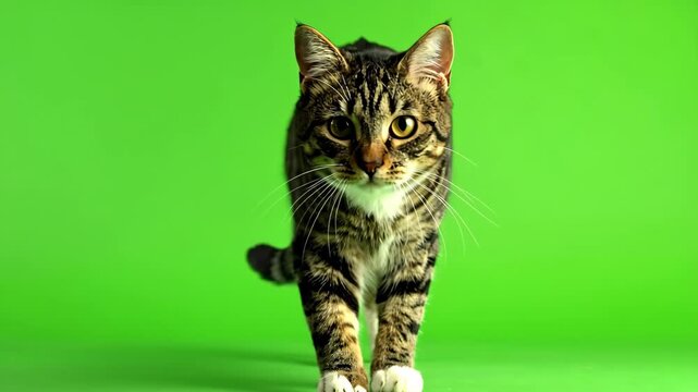 Beautiful brown tabby cat walking towards the camera on a green screen.