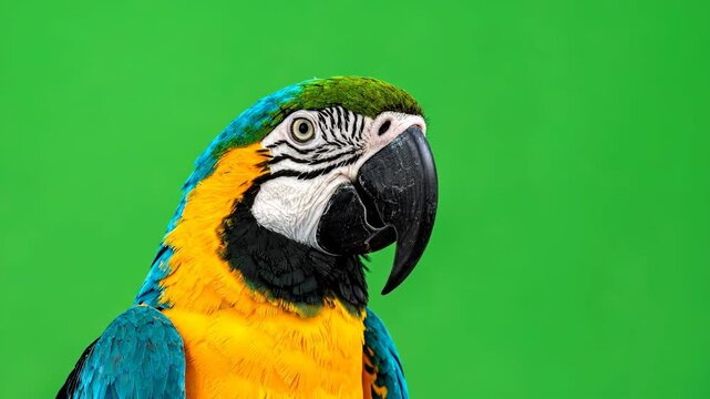 Close up of a colorful blue and yellow macaw parrot on a green screen.