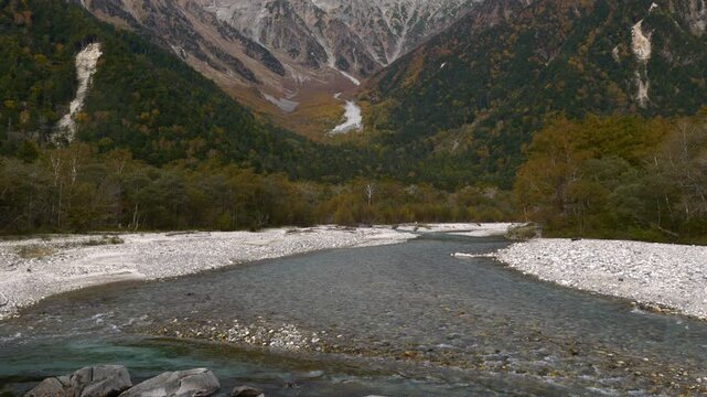 上高地より望む梓川と穂高連峰の山々（リアルタイム・パンニング）