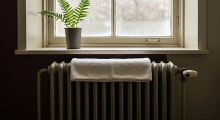wet towel - A cozy indoor scene featuring a potted fern by a window, a vintage radiator underneath, and a white towel draped elegantly on the radiator, with rain droplets visible on the glass