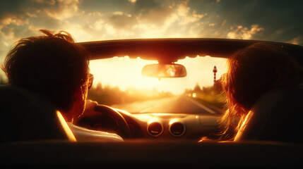 Silhouetted couple enjoying a romantic road trip as they drive a convertible into a stunning golden sunset, embracing freedom and adventure on the open highway