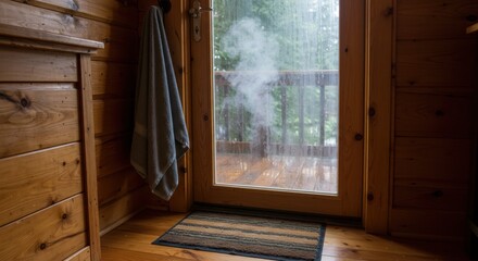 wet towel - A cozy wooden cabin interior reveals a foggy glass door leading to a misty deck, enhancing the serene atmosphere of nature outside, while a towel hangs nearby
