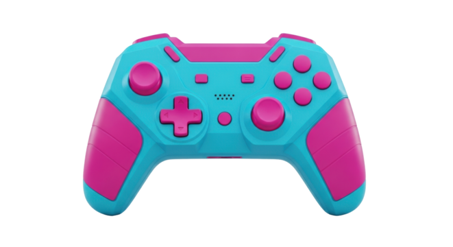 Isolated game controller with light blue and pink color scheme for gamers, digital entertainment