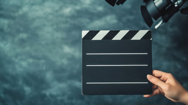 A hand holds a slate board against a blurred background, suggesting a film or video production setting.