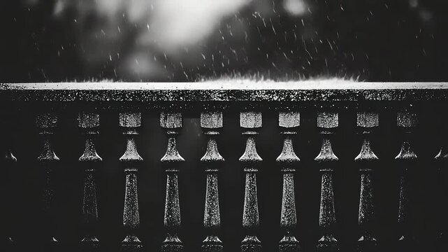 Black and white photo of rain falling on a stone balustrade.