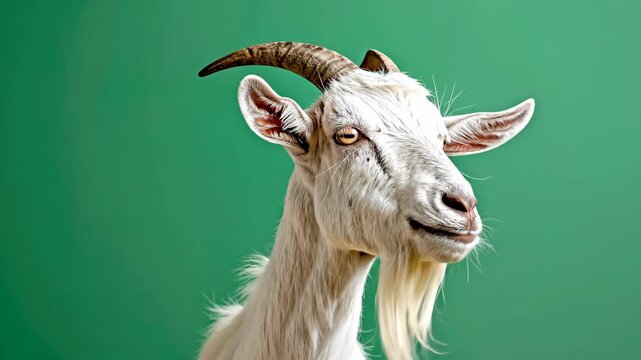 Amusing White Goat with Horns and a Beard on a Green Background.