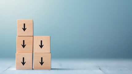 A stack of wooden blocks with downward arrows against a soft blue background, symbolizing decline or decrease.