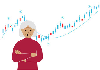 A grandmother on the background of a Forex chart. Conceptual illustration on the topic of strategic planning in trading on the stock exchange.
