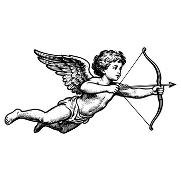 Flying Cupid Cherub with Bow and Arrow Engraving Vector Illustration