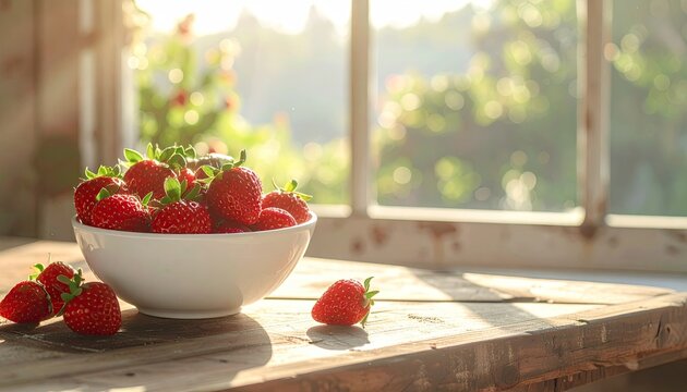 A white bowl filled with fresh ripe strawberries sits on a rustic wooden table with sunlight streaming through a window creating a warm inviting atmosphere and bokeh effect in the background - Powered by Adobe