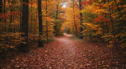 Obraz premium Forest path covered in fallen autumn leaves winds through colorful trees.