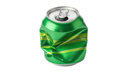 Isolated Crushed green aluminum can with pull tab open shows damage and recycling potential