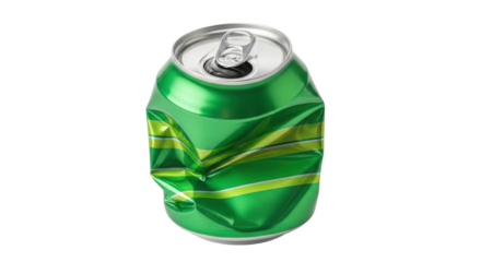 Isolated Crushed green aluminum can with pull tab open shows damage and recycling potential