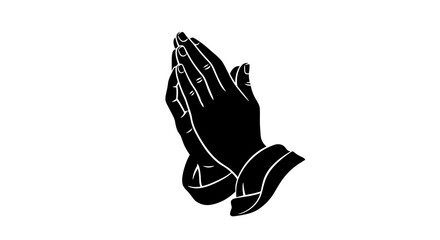 Stylized black and white illustration of human hands clasped together in a reverent gesture, symbolizing faith, devotion, peace, and hope, often associated with prayer or meditation
