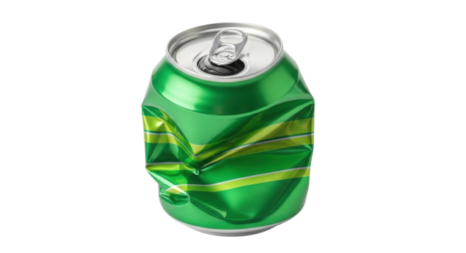 Isolated Crushed green aluminum can with pull tab open shows damage and recycling potential