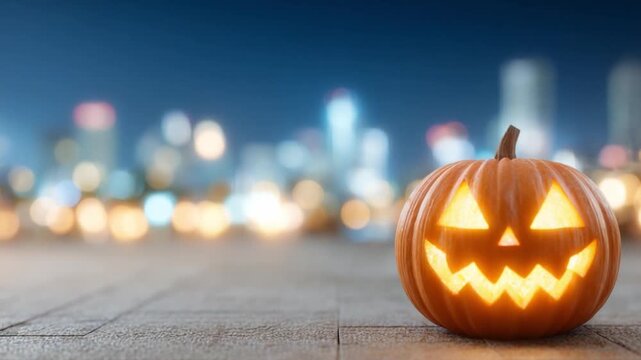 Halloween Pumpkin in City: The essence of Halloween, an illuminated jack-o'-lantern with a captivating carved face, sits before a shimmering cityscape. Evoking the playful spirit of the season.