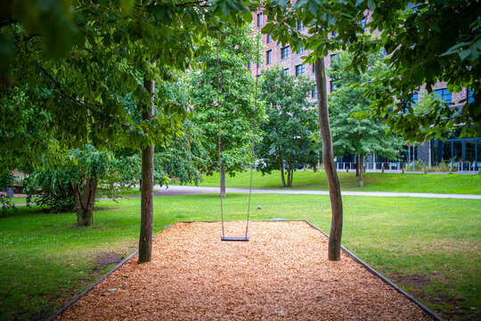 Green park in Hamburg between modern office buildings combining natural elements and contemporary urban design in soft daylight