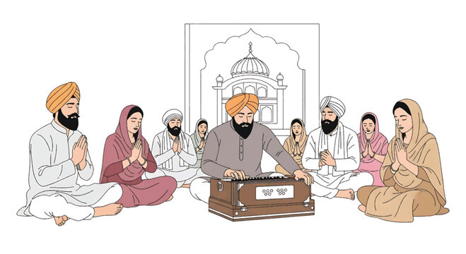 Illustration of a group of people sitting in a circle around a traditional musical instrument in a