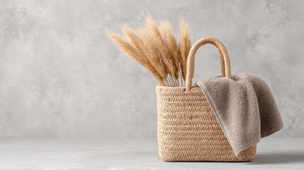 Wicker Bag, Towel & Pampas Grass: Neutral Home Decor Still Life