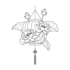 Lantern decoration featuring lotus flowers and leaves in outline design  