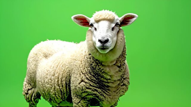 Fluffy white domestic sheep standing on a green screen background.