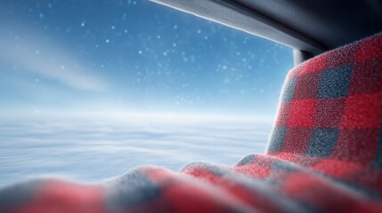 Winter Road Trip View, Car Window, Plaid Blanket