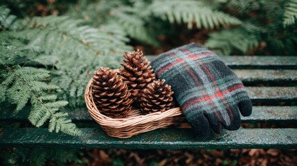 Winter Pine Cones, Gloves, Cozy Holiday Season, Forest Scene