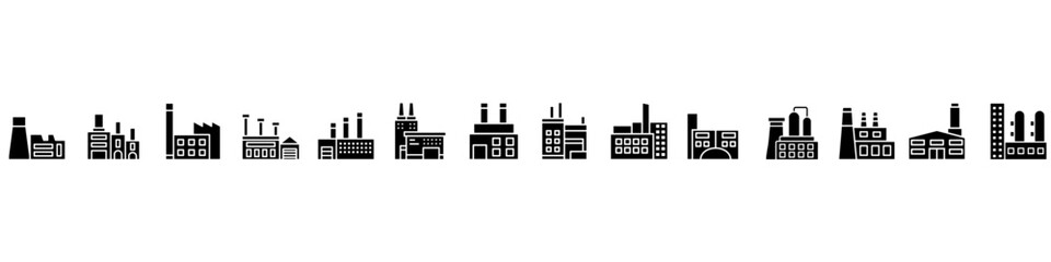 Obraz premium Industrial factories vector icon set. Factory illustration sign collection. Industry power symbol. chemical manufacturing building logo. nuclear energy plant icons.