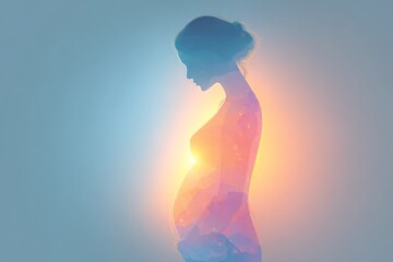 A beautiful abstract illustration of a pregnant woman's silhouette glowing with radiant light, symbolizing creation, maternal love, and the miracle of life and new beginnings.