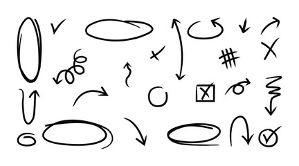 Collection of hand-drawn doodle arrows, shapes, and scribbles in black