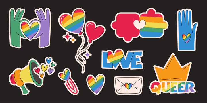 Pride month sticker set with rainbow hearts, balloons and colorful hands forming love symbols for LGBTQ support. Megaphone, crown and cloud shapes. Envelope, paperclip and celebration elements on dark