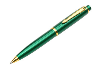 Isolated stylish green ballpoint pen featuring gold clip and accents for business writing