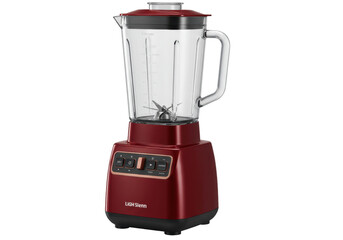 Isolated red blender with glass jar and speed controls, home kitchen small appliance