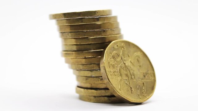 Stack of 20 Czech crowns coins isolated on a white background. Twenty or 20 Czech crown coin