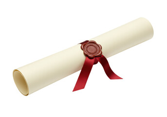 Isolated rolled parchment document scroll diploma award certificate with red ribbon seal