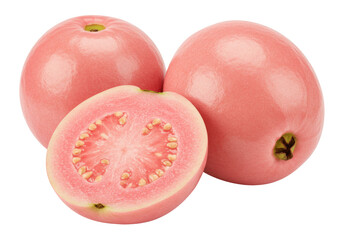 Isolated Guava Fruit Cross Section, Two Whole Fruit, Pink Flesh, Healthy Refreshment close up